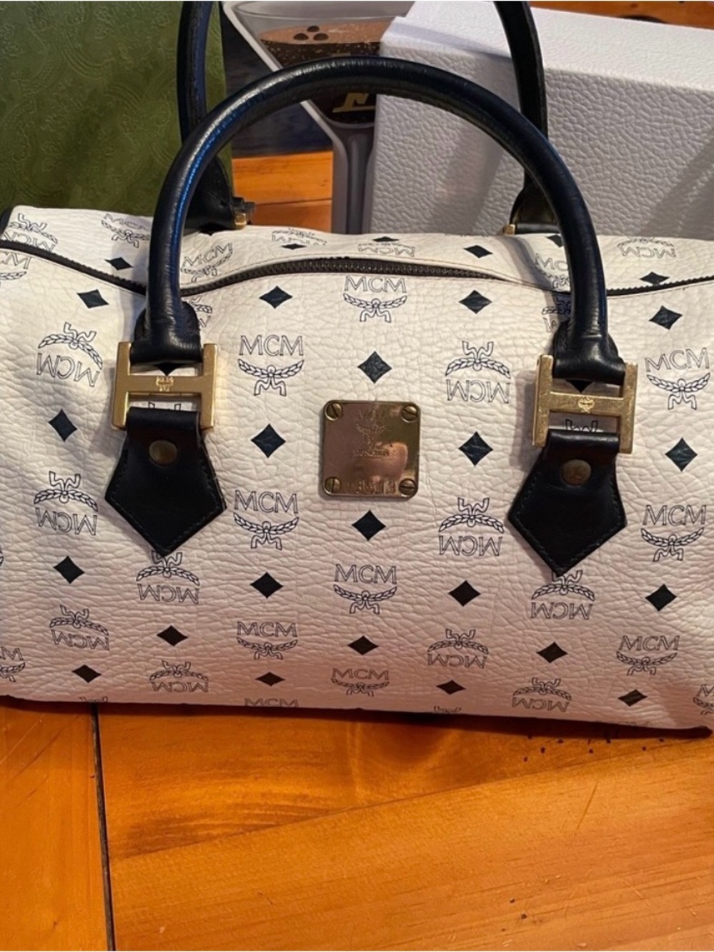 MCM White Monogram Satchel with Black Trim and Gold Hardware